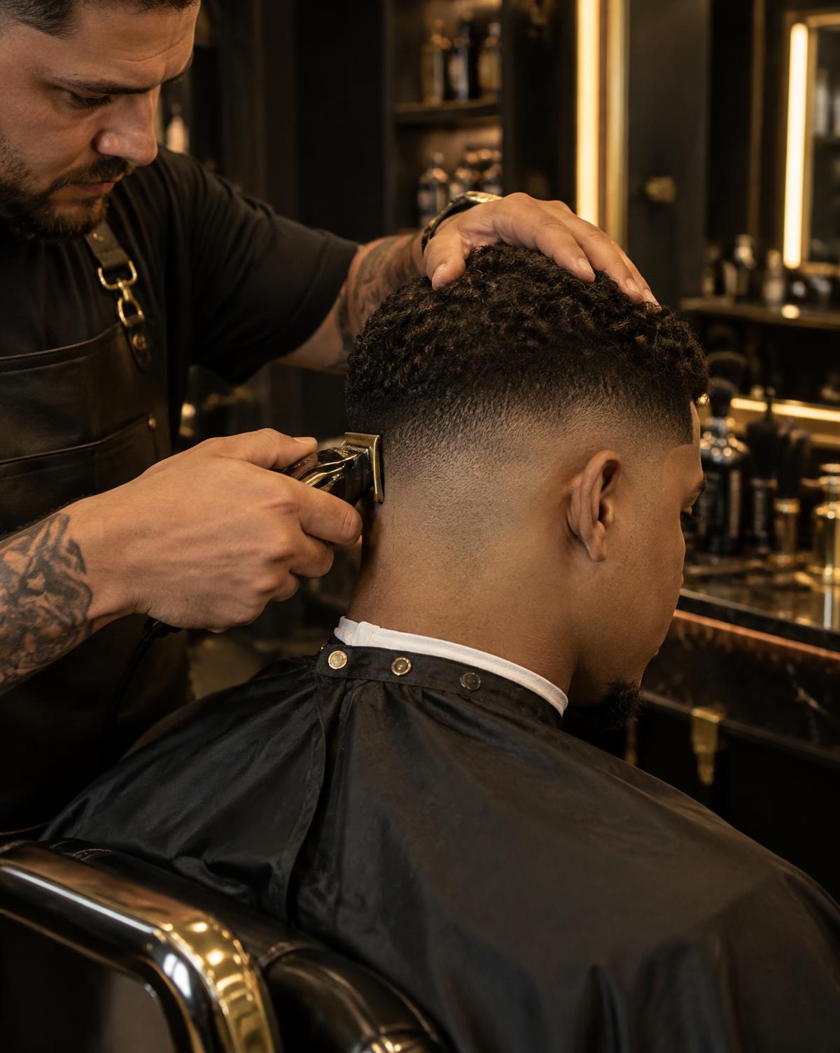Barbeiro realizando corte degradê